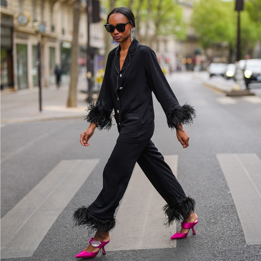 Black Tie feather-trimmed crepe de chine pajama set by SLEEPER